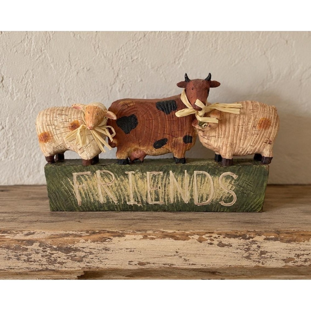 VTG Folk Art Wood Cow Sheep Pig Friends Sign Farmhouse Decor Figurine *NOS*